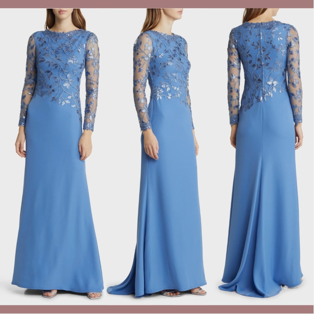 NWD $468 Tadashi Shoji [ 14 ] Sequin Lace‎ Long Sleeve Crepe Gown Cadet Blue